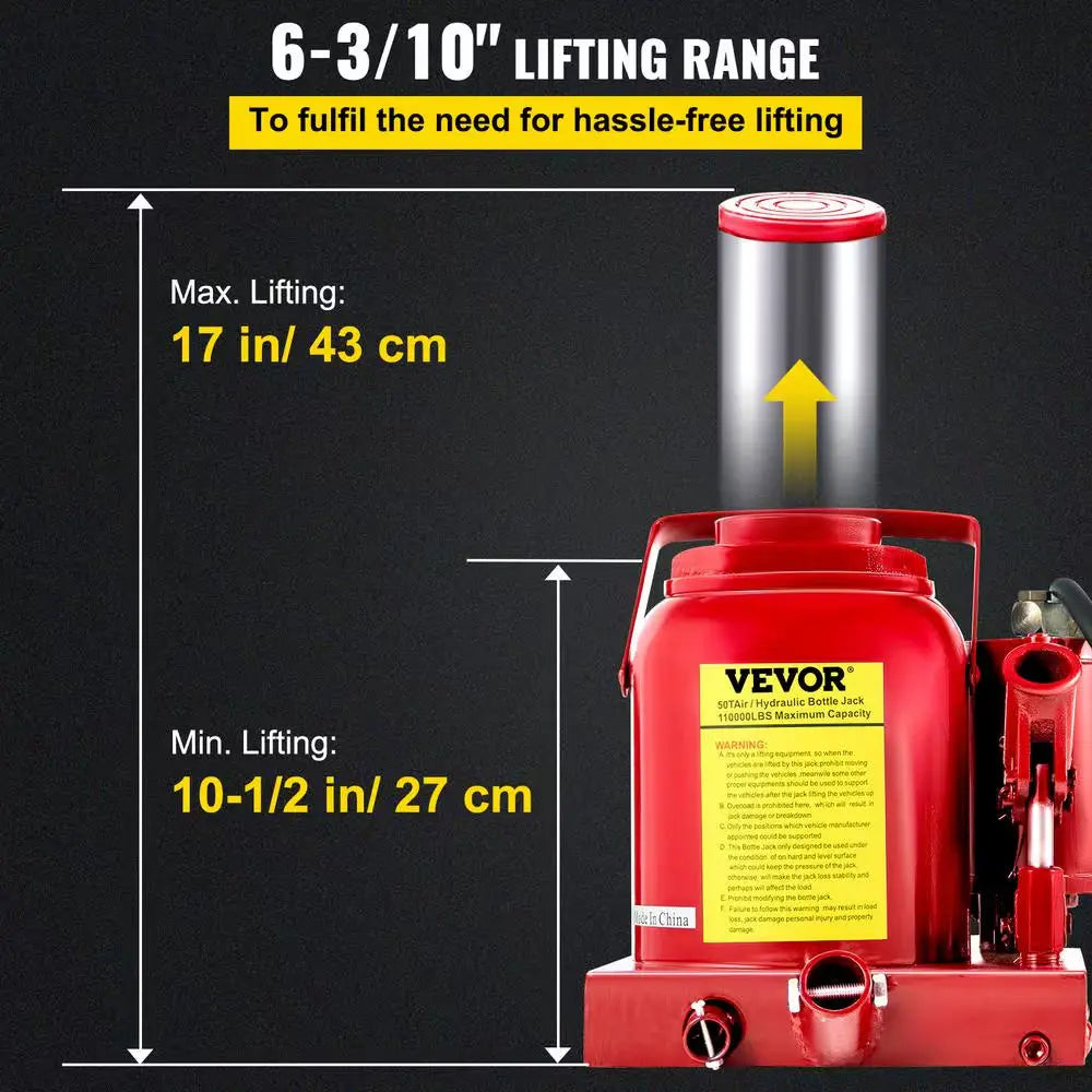 110231 Lbs. 50-Ton Bottle Air Hydraulic Bottle Jack Rugged Steel Construction Heavy-Duty Air Jack