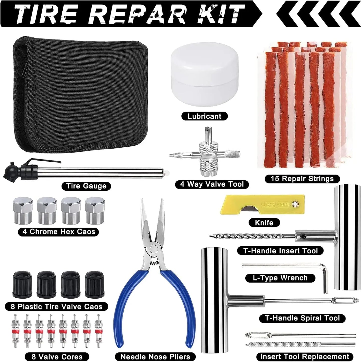 Tire Repair Kit, 46PCS Heavy Duty Tire Patch Kit with Plugs,Tire Plug Kit,Tire Repair Tools for Car Truck Motorcycle ATV UTV Automotive Off-Road. (Bag)
