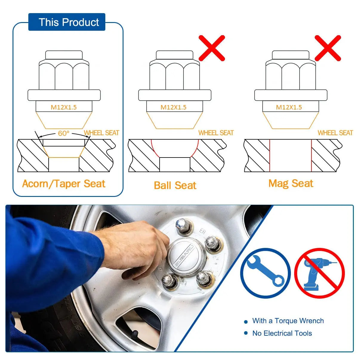 M12X1.5 Lug Nuts 1.25", One-Piece OEM Factory Style Replacement Lug Nuts, Closed End Bulge Acorn Cone Seat 20 Pcs Chrome Lug Nut