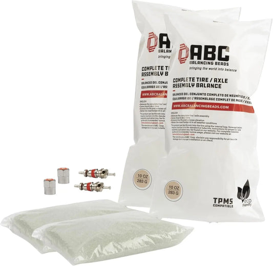 ABC Balancing Beads | Complete Tire, Wheel and Axle Assembly Balance for Medium Truck Front Tires | DIY Kit with (2) 10 Oz Bags (20Oz) Balancing Beads, (2) Valve Cores, (2) Caps