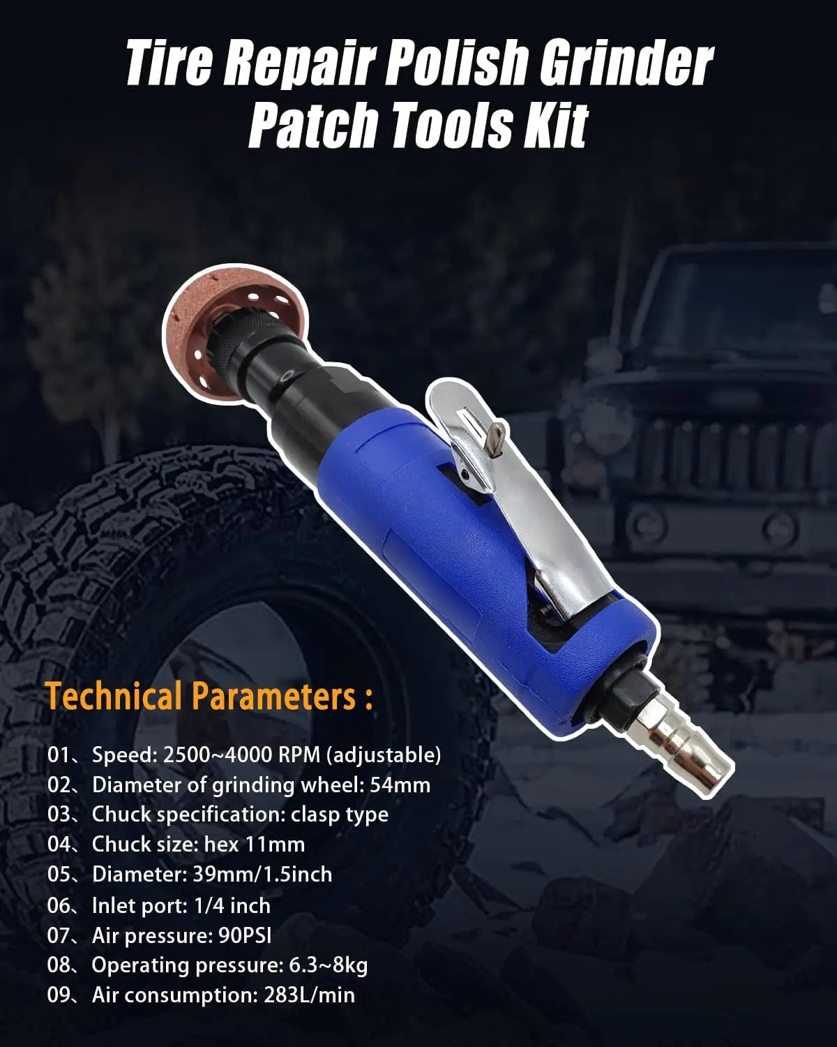 Low Speed Air Tire Buffer, 2500Rpm Pneumatic Tire Buffing Tool, Tire Repair Polish Grinder Patch Tools Kit, Automatic Buffing Polishing Wheel Machine (With 2 Air Inlet Connectors)