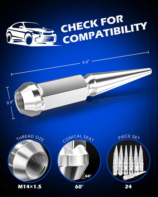 M14X1.5 Spike Lug Nuts - 14Mmx1.5 Wheel Lug Nuts, Set of 24, Chrome
