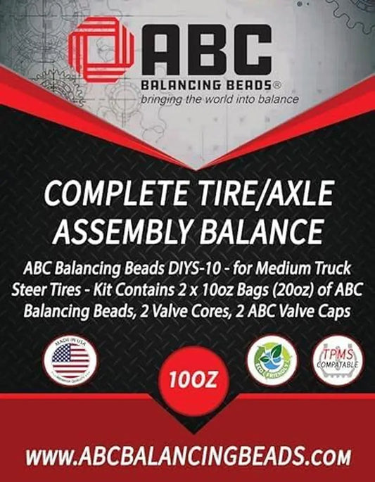 ABC Balancing Beads | Complete Tire, Wheel and Axle Assembly Balance for Medium Truck Front Tires | DIY Kit with (2) 10 Oz Bags (20Oz) Balancing Beads, (2) Valve Cores, (2) Caps